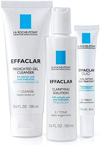 La Roche-Posay Effaclar Dermatological 3 Step Acne Treatment System, Salicylic Acid Acne Cleanser, Pore Refining Toner, and Benzoyl Peroxide Acne Spot Treatment for Sensitive Skin, 2-Month Supply