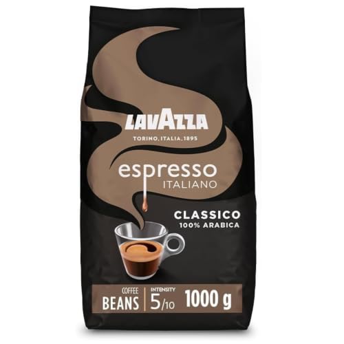 Lavazza, Espresso Italiano Classico, Café en Grano Natural, Ideal para la Máquina de Café Espresso, con Notas Aromáticas Florales, 100 % Arábica, Intensidad 5, Tueste Medio, Paquete de 1 kg