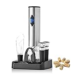 Electric Wine Opener Cordless Electric Corkscrew Automatic Wine Bottle Opener with Foil Cutter, Vacuum Stopper, Wine Aerator Pourer 5-in-1 Wine Gift set (Stainless Steel)