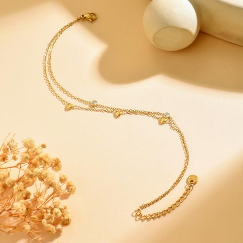 Image of NONAMOIS Ankle Bracelets for Women Dainty 18K Gold Plated Anklet Waterproof Round Beaded Paperclip Herringbone Pearl Chain Anklets Waterproof Beach Foot Jewelry