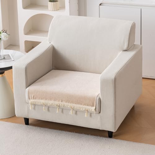 Image of HOKIPO 'Serenity Tassel' Chenille 1 Seater Sofa Cover with Tassel - Ivory Fringe (IN-890-BGE)