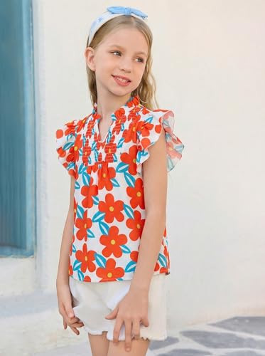 Image of Haloumoning Girls Ruffle Short Sleeve Floral Chiffon Blouses Kids Summer Shirts Tops 5-14 Years