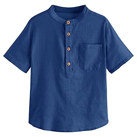Inorin Boys Button Up Henley Shirt Short Sleeve Lightweight Summer Linen Cotton Dress Shirts Tees Tops with One Pocket Blue Cover