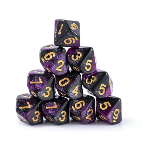 Yulizhi 10 Pieces Polyhedral D10 Dice Set 10 Sided Dice 16mm for RPG MTG DND Table Games (Purple Black)