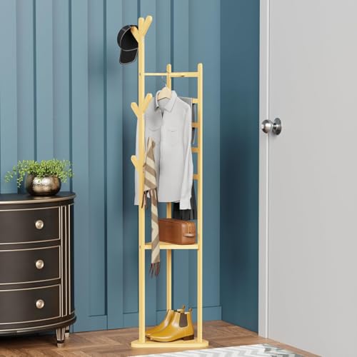 Image of Lukzer Triangular Coat Rack | Multifunctional Bamboo Wooden Coat & Garment Stand with 2 Shelves | Aesthetic Floor Corner Hanger | 6 Hooks for Hanging Coats, Jackets, Hats & Shoes (39x39x166 cm) CH-035