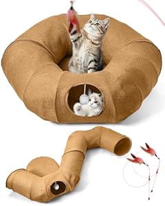 Odoland Katzentunnel mit Bett, Interaktives katzenspielzeug mit Ball, Klappbares Haustier Donut Tunnel Bett aus Leinen, Reißverschluss Rascheltunnel für Kätzchen Kaninchen,Goldbraun