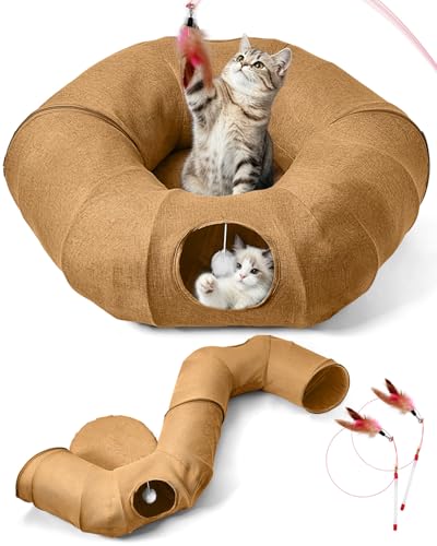 Odoland 85cm 猫トンネルベッド ドーナツ型 160cm長いS型 キャットトンネル クッション付き ふわふわ 猫遊び 運動不足対策 折りたたみ可能 水洗い可能 小型犬 うさぎ 大型猫用おもちゃ ブラウンの商品画像（Amazon）