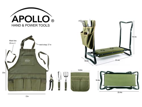 Apollo Tools 6 Piece Garden Set With Foldable Seat Adjustable To Kneeler Position, Washable Green Apron With Deep Pockets, And 3 Quality Garden Tools; Trowel, Pruner, And Rake - Green - Dt3798 #TOP2
