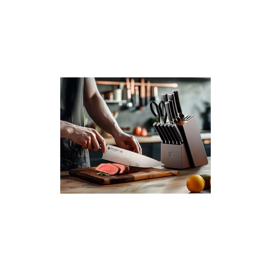 Kitchen Knife Set, Ultra Sharp 15 Pcs Knife Set with Block, Full Tang Chef Knife Set, High Carbon Stainless Steel Knife Block Set with Sharpener, Wooden Handle