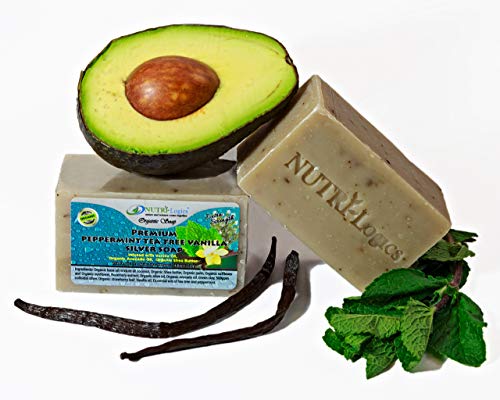 NUTRI-Logics' BEST - PEPPERMINT TEA TREE VANILLA COLLOIDAL SILVER SOAP - 6.1 OZ BAR -USDA CERTIFIED ORGANIC - INFUSED with REFRESHING PEPPERMINT AND OILS OF VANILLA- ANTIBACTERIAL/ANTIFUNGAL