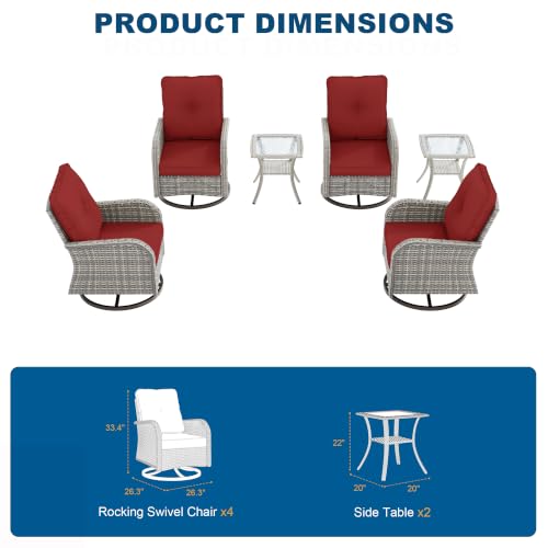 Image of 6-Piece Small Patio Furniture Set, Outdoor Swivel Rocking Chairs Set with Wicker Chairs and Tempered Glass Side Table, Outdoor Furniture Patio Bistro Set for Balcony, Deck, Porch
