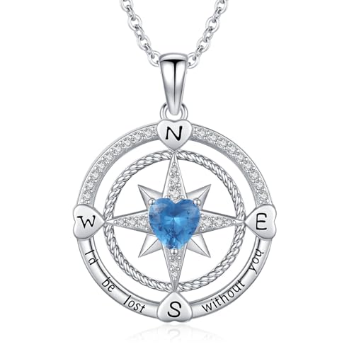Gifts for Women-Compass Birthstone Necklace for Women S925 Sterling Silver with Cubic Zirconia and Gemstones - Ideal Birthday Jewelry gift for her, Girlfriend, Wife, Mom on Birthday, Anniversary (12 - Blue Topaz)