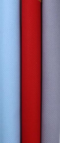 Image of KCS 3 pc of 15 inch x 18 inch(38cmx45cm) 16 Count Cross Stitch Cotton Aida Cloth Needlework Rolled Fabric Box,16CT,Light Blue+Red+Light Steel Grey