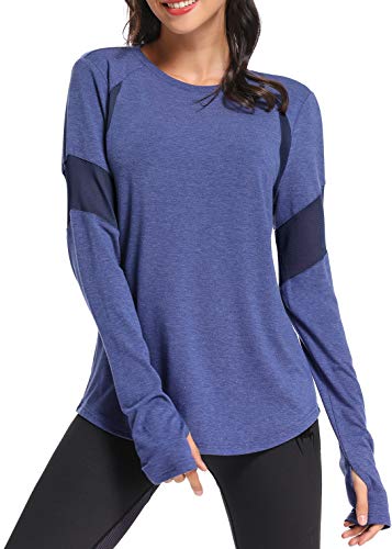 Muzniuer Long Sleeve Workout Tops for Women Gym Exercise Athletic Shirts Long Sleeve Yoga Shirts Loose Sports Shirts with Thumb Hole Running Activewear for Women Blue L