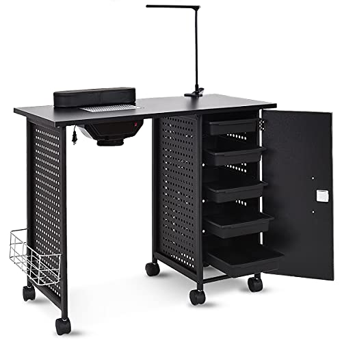 Giantex Nail Desk Manicure Table, Nail Table with Dust Collector, Wrist Rest, Clip-On LED Lamp, 5 Drawers Cabinet with Key, Lockable Casters, Steel Frame Nail Tables for Technician (Pure Black)