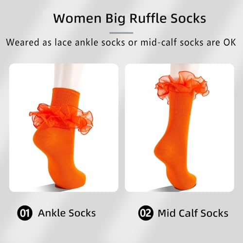 Image of Women Big Ruffle Ankle Socks Adult Double Lace Frilly Socks Fold Cuff Cotton Ruffled Dress Crew Bobby Bride Sock