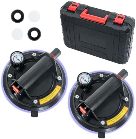 2er Set 8" Saugheber mit Manometer, Glassauger Tragkraft Max. 220KG | Vakuum Saugheber für Glas, Fliesen, Marmor, Fliesenheber mit Tragbarer Werkzeugkasten, Industrielle Glasheber