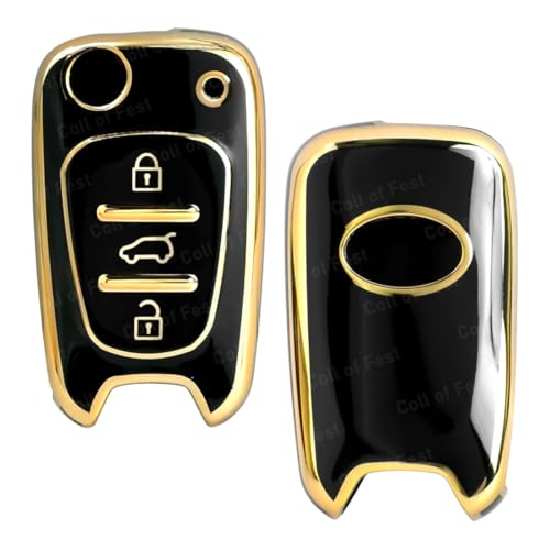 Image of TPU Car Key Cover Black & Golden Compatible for Hyundai Verna fluidic, Old I20, I10, Elantra (Hyundai, 3 Button Flip Key Old)