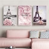 Eiffel Tower Canvas Wall Art Pink Flower Painting Wall Decor Romantic Paris Wall Art for Girls Room