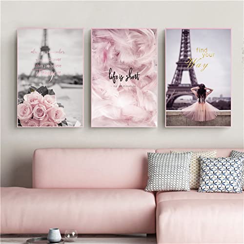 Eiffel Tower Canvas Wall Art Pink Flower Painting Wall Decor Romantic Paris Wall Art For Girls Room Paris Eiffel Tower Picture Eiffel Tower Posters Wall Pink Feather Wall Art 16X24Inchx3Pcs No Framed #TOP3