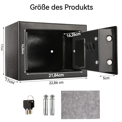 6,65L Kompakter Feuer- und Wasserdichter Tresor – Elektronischer Möbeltresor mit 2 Doppelstahlbolzen, Samtpolsterung und Notschlüsseln, 23 x 17 x 17 cm