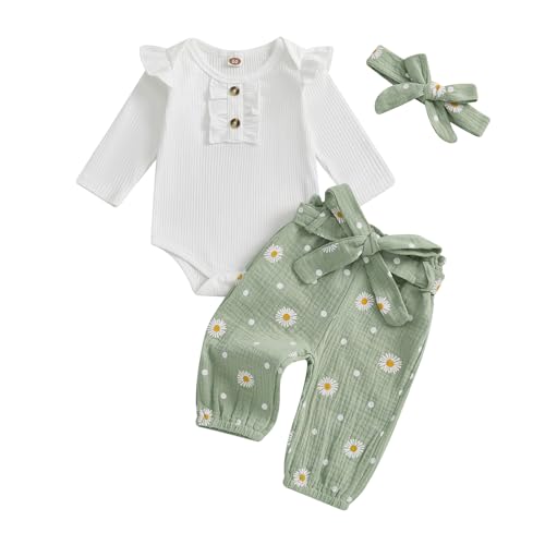Image of Kaipiclos Newborn Infant Girl Clothes Rib Knit Romper Ruffle Sleeve Daisy Print Pants Baby Clothes Girls 0 3 6 12 18 24 Month