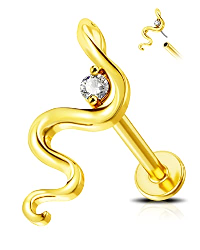 Jewseen Pendientes de oro macizo de 14 quilates para cartílago de serpiente, aretes sin rosca, aretes de tragus, piercing de hélice, joyería para mujeres y hombres, Circonia cúbica, 100%
