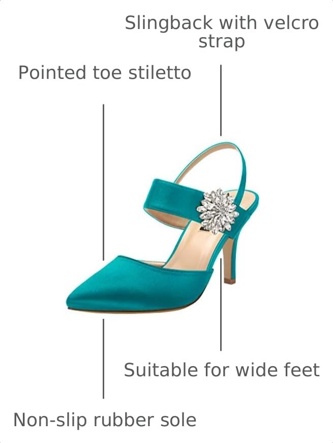 Image of ERIJUNOR Mid Heel Shoes for Women Pointed Toe Slingback Rhinestone Brooch Satin Dress Pumps Evening Prom Wedding Shoes