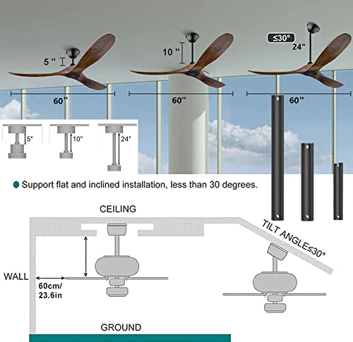 Xcwiie Modern Ceiling Fan No Light 60" Outdoor Ceiling Fans Retro Wood Ceiling Fans, 3 Balsa Wood Blades, Dc Motor, For Restaurant Living Room Bedroom Invert (60 Inch, Walnut Ceiling Fans) #TOP6