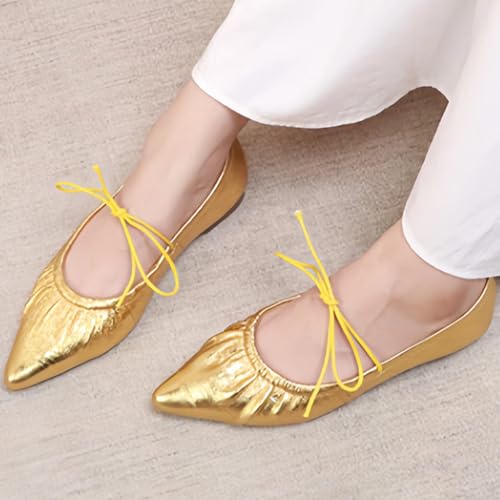 Elegant Lace-up Pointed-Toe Ballet Flats for Women with Criss-Cross Strap Design Soft-Surfaced Metallic Leather Upper Comfort Casual3