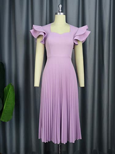 AOMEI Women's Light Purple Square Collar Ruffles Sleeve Pleated Elegant Midi Dress3