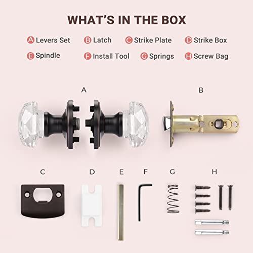 Knobwell Passage Clear Glass Door Knob In Diamond Shape, Non-Locking Crystal Door Knob For Hallway/Closets, Keyless Clear Diamond Glass Door Lock Handle, Oil Rubbed Bronze #TOP5