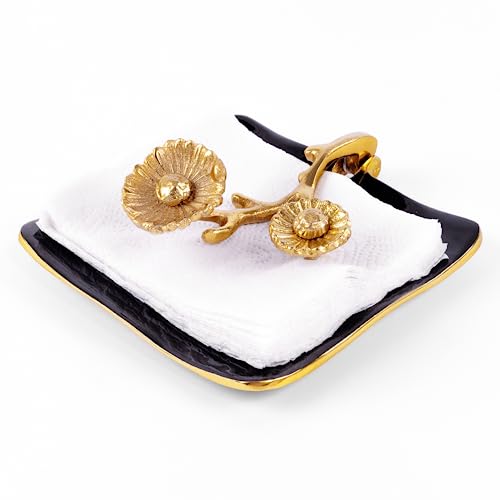 Gute Bronze Gold Floral Napkin Holder Decor - Golden Brass Flower Detail & Black Reflective Tray cover