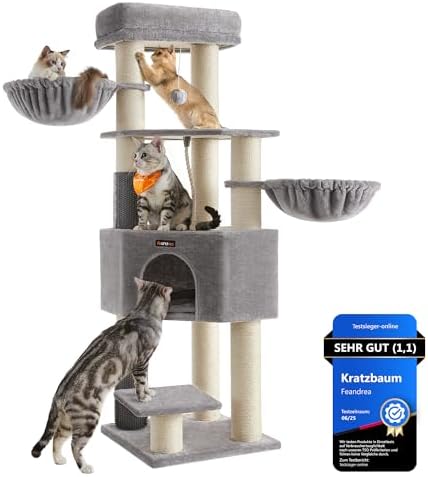 Feandrea Kratzbaum, 11,1 cm Dicke Stämme, 2 Katzenbürsten, 50 x 50 x 160 cm | Katzenbaum, mit selbstwärmenden Decken, große Plattformen, Höhle, Taubengrau-cremeweiß, CLAWFY Kollekt