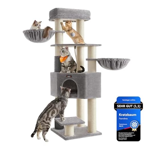 Feandrea Kratzbaum, mit warmen Decken, für große Katze, Katzenbaum, 2 Katzenbürsten, 11,1 cm d Dicke Stämme, große Plattformen, Höhle, 50 x 50 x 160 cm, Taubengrau-cremeweiß PCT003N01