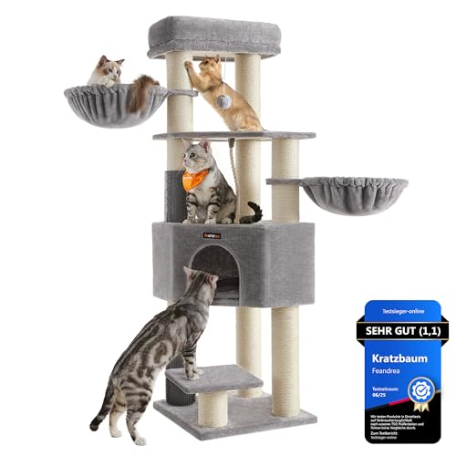 Feandrea Kratzbaum, mit warmen Decken, für große Katze, Katzenbaum, 2 Katzenbürsten, 11,1 cm d Dicke Stämme, große Plattformen, Höhle, 50 x 50 x 160 cm, Taubengrau-cremeweiß PCT003N01