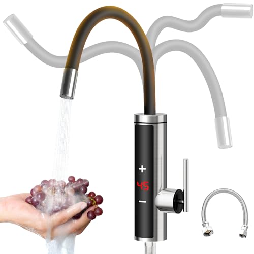 Robinet avec Chauffe-eau Instantanée, Thermostat à Eau Chaude du Robinet, 3000W Acier Inoxydable Chauffe-eau Robinet avec LED Température Contrôle, 360° Flexible Silicone, Contrôle Précis