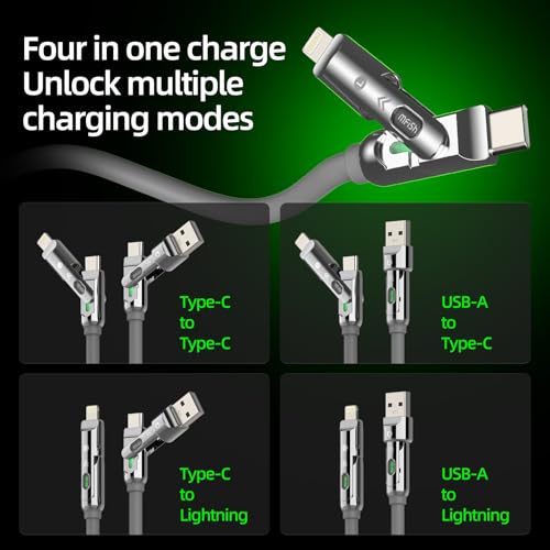 Image of MFish 4-in-1 Charging Cable, USB-C /USB-A to USB-C & Lightning Cable, 240W PD 3.1 USB C Fast Charging Cord, 6.6FT Silicone Multi Charger Cable for iPhone 17 /16 /15 /14, MacBook, iPad, CarPlay, Grey
