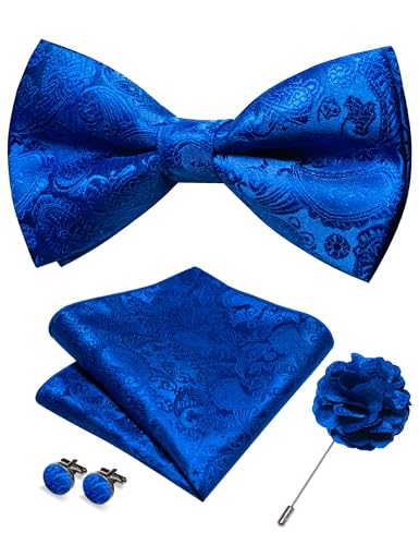 JEMYGINS Royal Blue Paisley Bow Tie Pre-tied Bowtie and Pocket Square Cufflinks Lapel Pin Sets for Men(39)