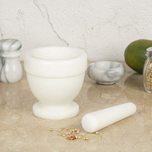 Creative Home Natural Marble Mortar And Pestle Set Spice Grinder Guacamole Molcajete Bowl, Kitchen Spices, Herbs, Pesto Grinder, 4" Diam. X 4" H, Off-White (Color May Vary) #TOP3