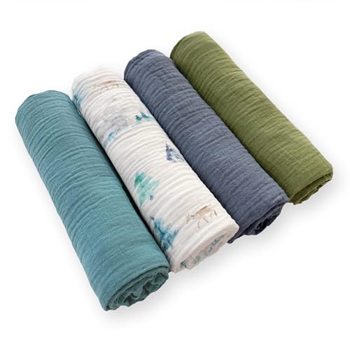 Image of SwaddleDesigns Cotton Muslin Swaddle Blankets for Baby Boy & Baby Girl, Set of 4, Neutral Receiving Blankets for Newborn, Baby Registry & Gift, 46x46 inches, Watercolor Mountains & Trees