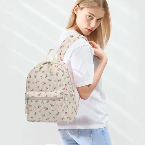 Image of Corduroy Womens Mini Backpack Girls Small Backpack Purse Fashion Casual Daypack School Bookbag (Flowers Pink)