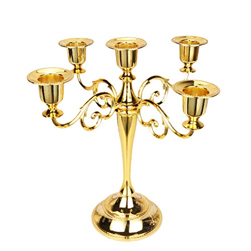 MMEXPER 5-Candle Metal Candelabra Centerpiece Candle Stand Home Decoration for Event, Wedding, Party, Regular-Gold