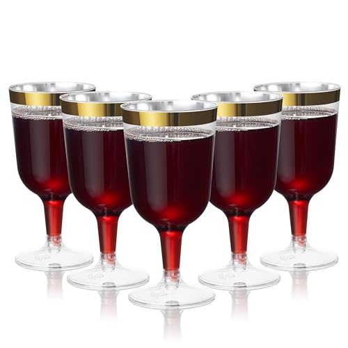 MATANA 24 Elegant Clear Hard Plastic Wine Glasses Gold Rim 6 oz - Sturdy & Reusable Glasses for Cocktails, Dessert - Birthdays, Weddings, Christmas, BBQ, Picnic, Parties Gold Rim 24 Pack