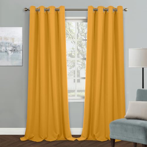 MYSKY HOME Yellow Blackout Curtain for Living Room Bedroom Curtain 84 Inches Long Grommet Room Darkening Window Curtains Thermal Insulated Single Panel Curtains 52 x 84 Inch Mustard Yellow
