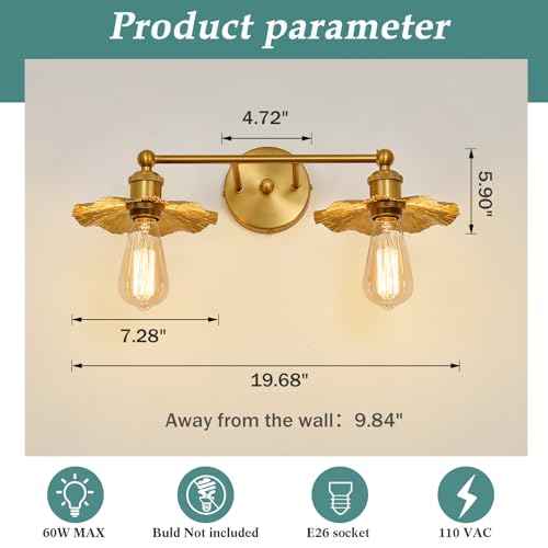Image of ZGLAOJT 2 Light Vintage Vanity Light Gold Bathroom Light Fixtures Over Mirror.
