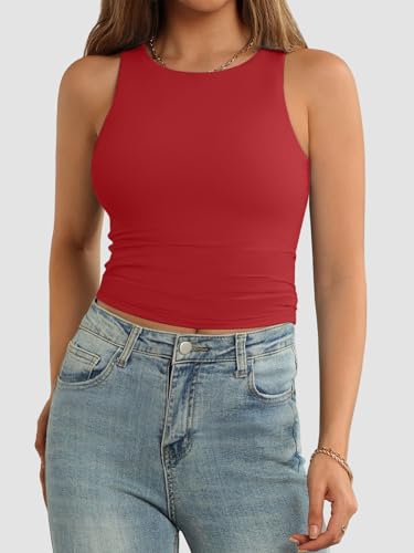 Image of ATHMILE Womens Double Lined Crop Tank Tops Casual Basic Shirts Sleeveless Workout Tops Cute Summer Clothes Teen Girls