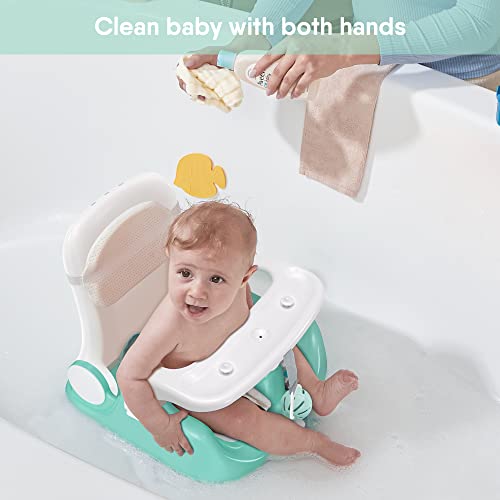 BabyBond Baby Bath Seat with Sitting & Lying 2 Modes, 3-Speed Adjustment, Powerful Suction Cups, Infant Bathtub Chair with Washable Pillow, Folding and Hanging (Green)