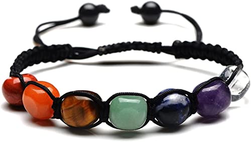 SFJSFIMQ Améthyste Rough Stone 7 Chakra Stone Yoga Bracelet Reiki Guérison Crystal Natural Améthyste Bijoux pierre pierre de gemme Bracelets à corde tressée pour femme cadeau, Natural Crystal
