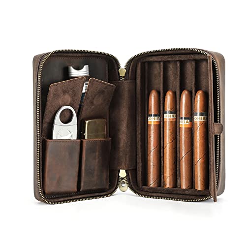 Hiram Scatola da Viaggio per Sigari in Pelle - Custodia Portatile per 4 Sigari Con Cinghia da Polso, Umidificatore, Slot per Carte e Tasca